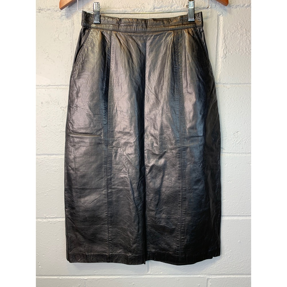 Vintage Whimsigoth Black Leather Midi Pencil Skirt High Waisted Womens 25/XS - Picture 1 of 6